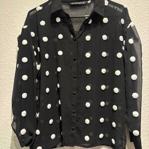 Zara Black Sheer Button-Down Shirt with White Pom Pom Dots